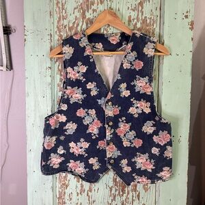 Women’s vintage Vivaldi navy denim floral button-up vest